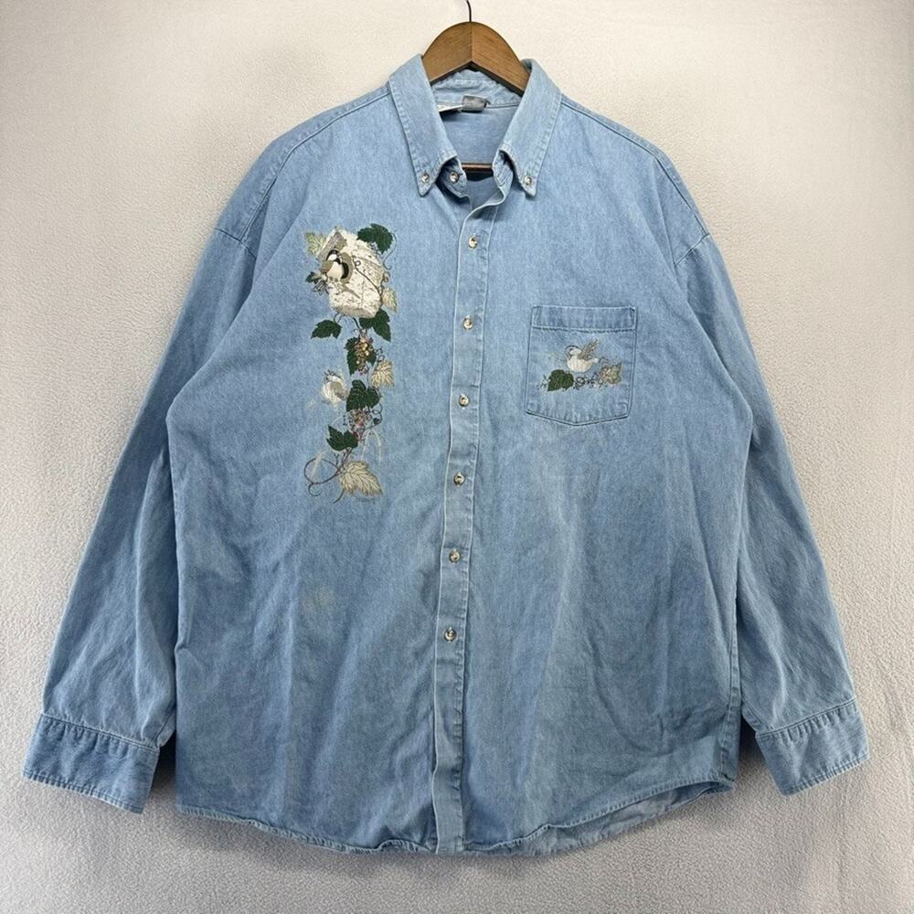 Vintage Birds Denim Shirt Adult XL Blue Birdhouse Light USA Grandma Cottage 90s - Picture 2 of 10